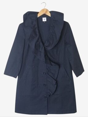 Cabi Pose Ruffle Collar Jacket Navy Blue Statement Coat Womens M Cotton Stretch